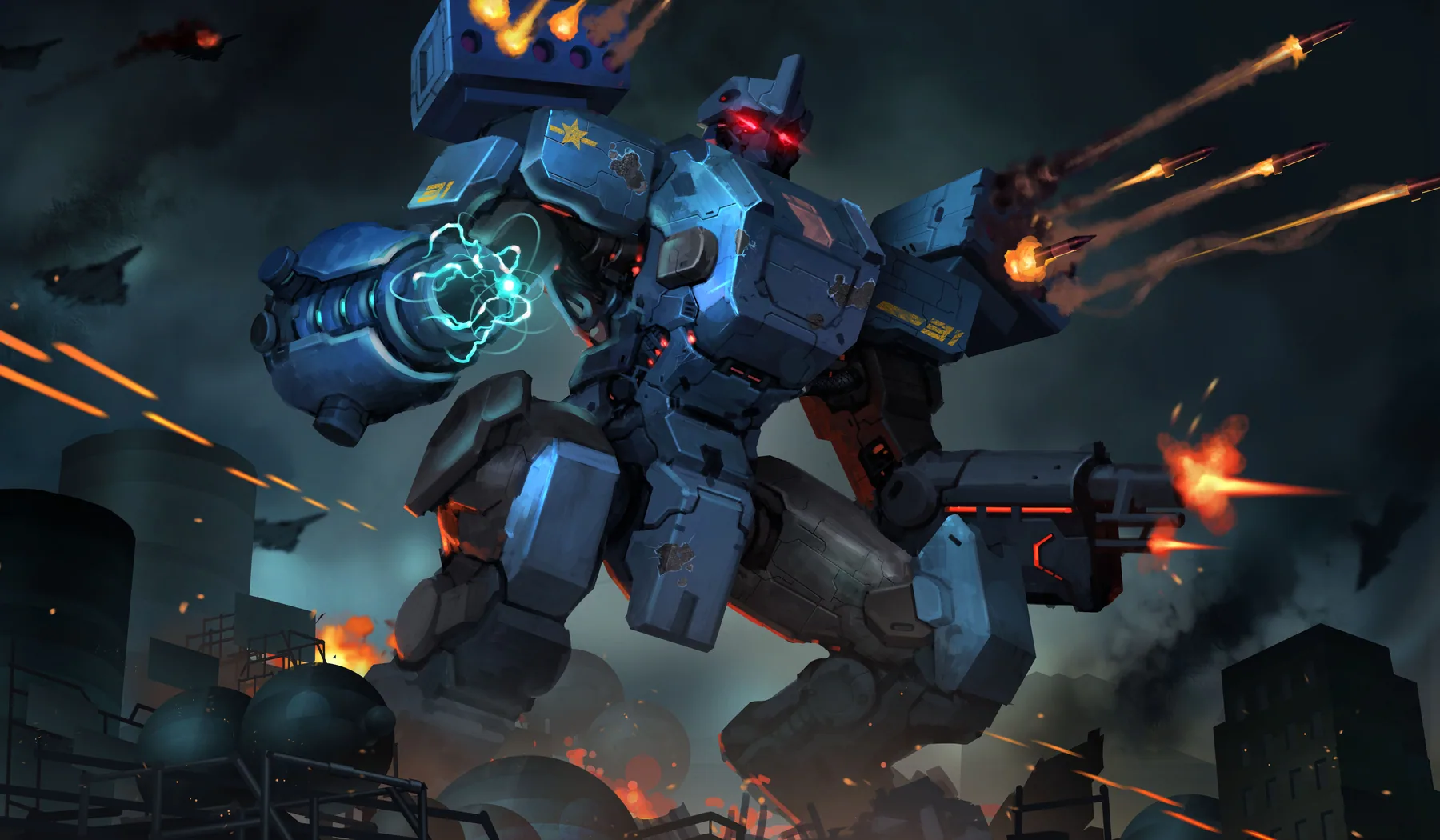 Illustrated Mecha Nation robots in battle