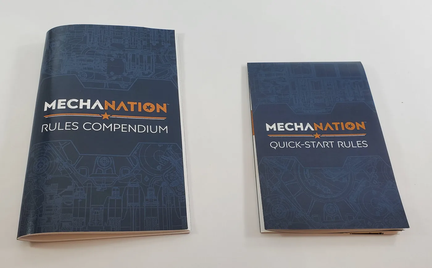 Printed Mecha Nation rules compendium and quick-start rules