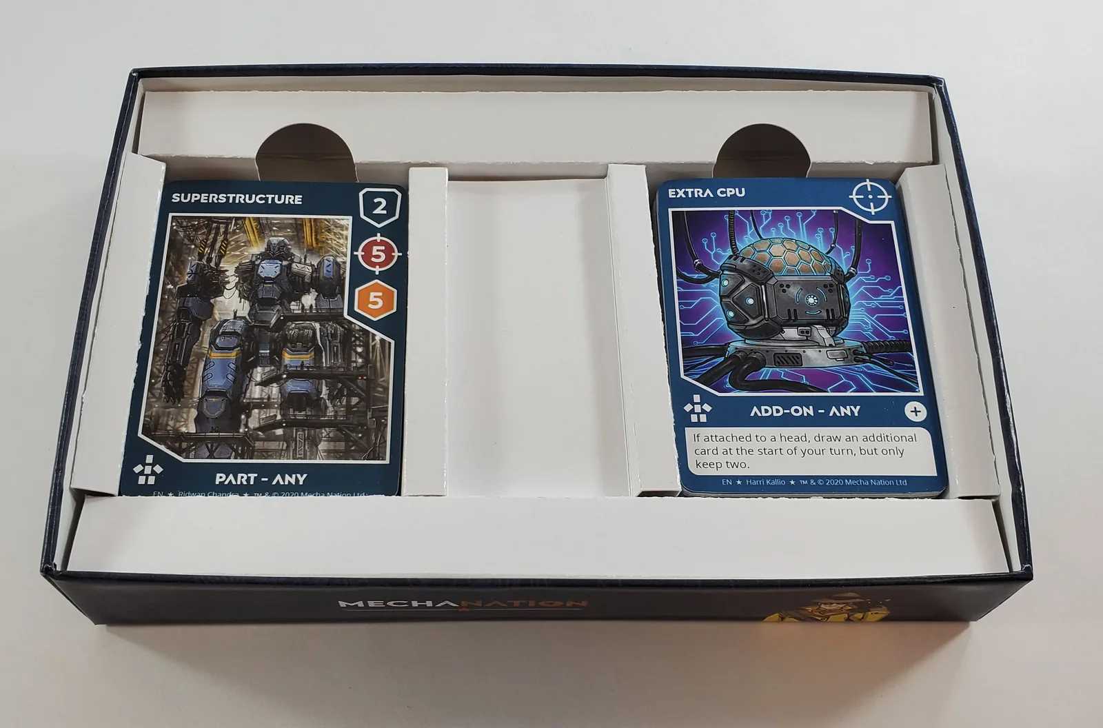 Open Mecha Nation prototype box insert with two card decks